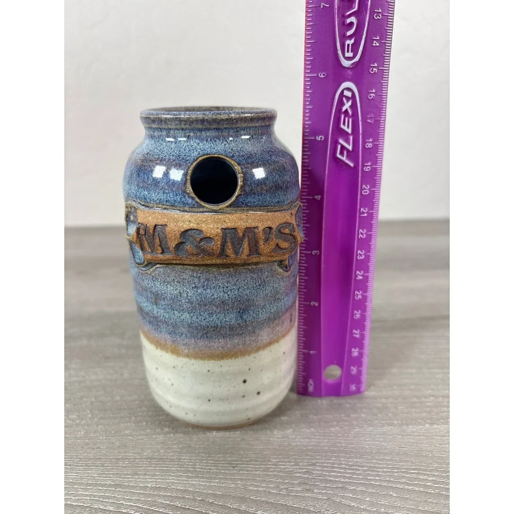 Studio Pottery M&M'S Handcrafted Glazed Ceramic Jar Blue Cream 6 Inch